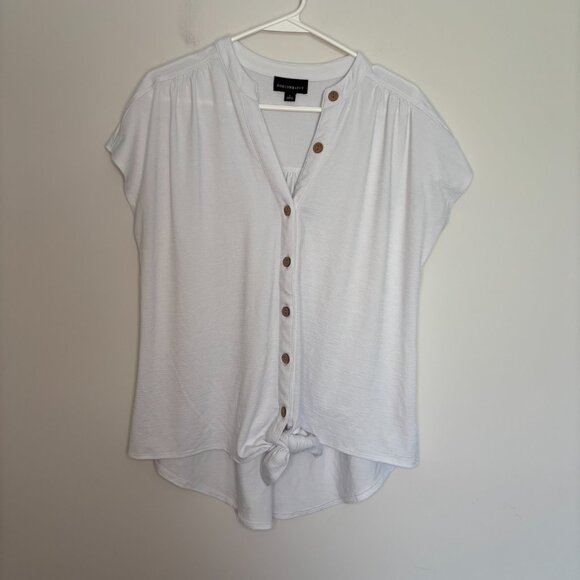 FORTUNE & IVY Short Sleeve Button Up Shirt Womens L White Tie Front Hi Lo - Picture 5 of 7
